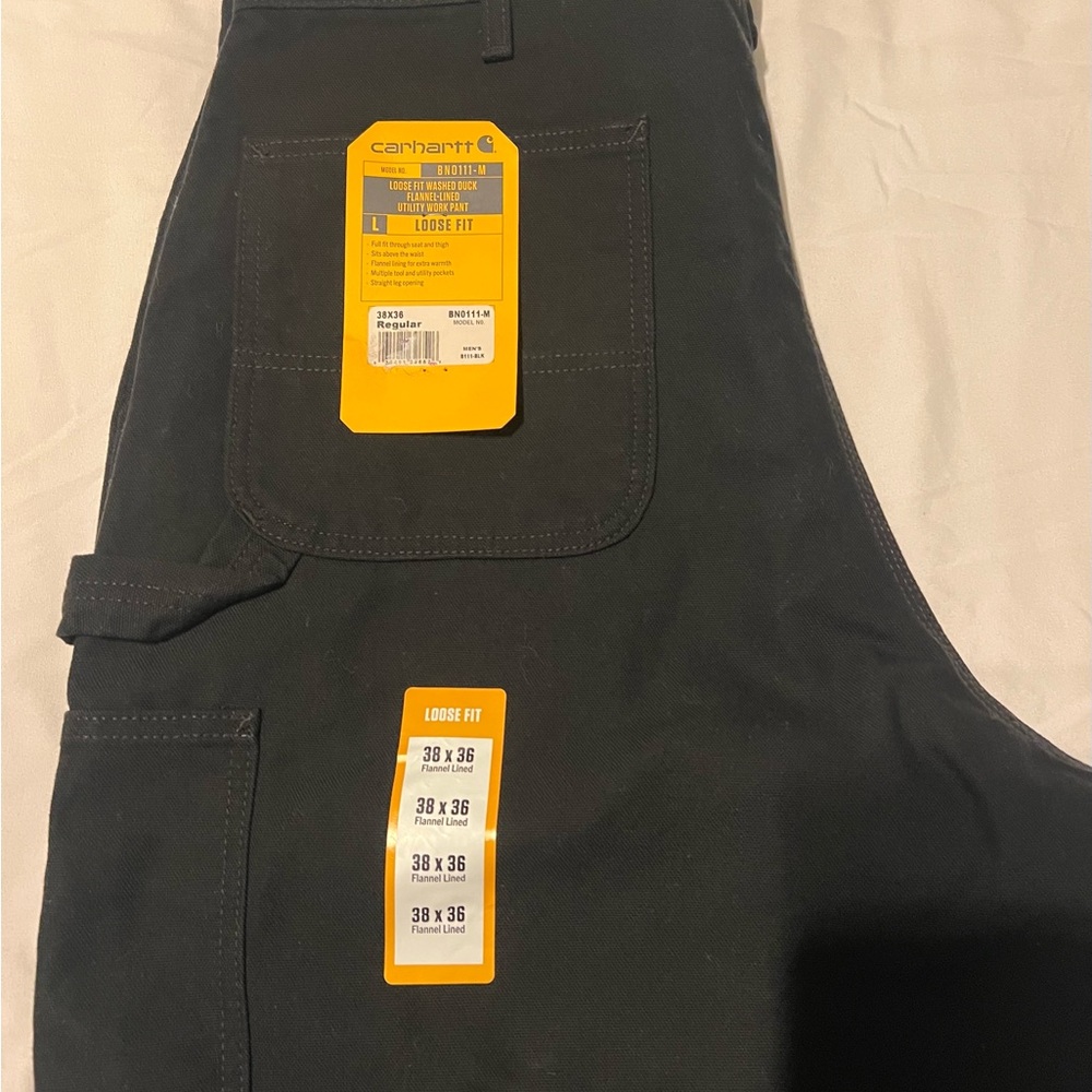 NWT Carhartt Men's Black loose fit canvas flannel lined Cargo Pants - Picture 3 of 7